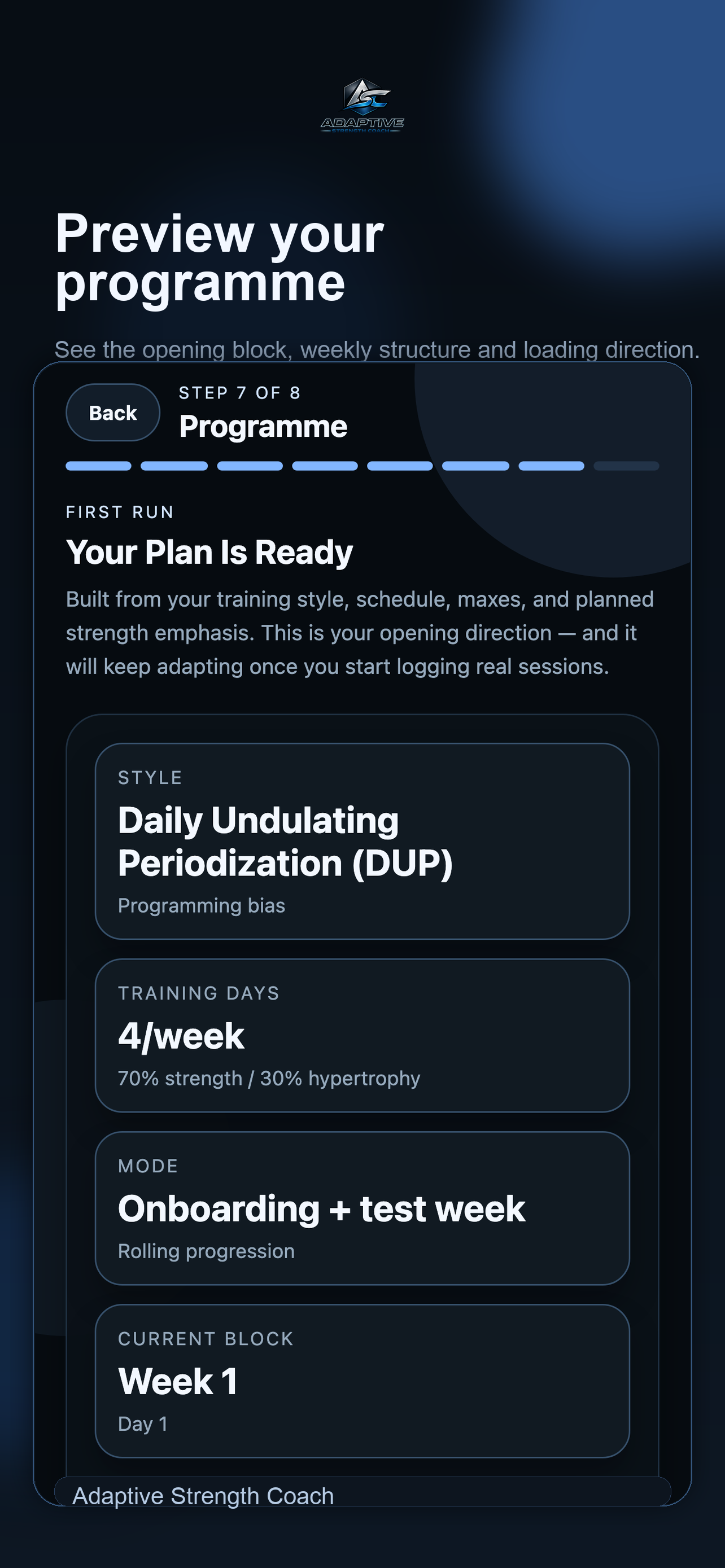 Programme preview screen from Adaptive Strength Coach